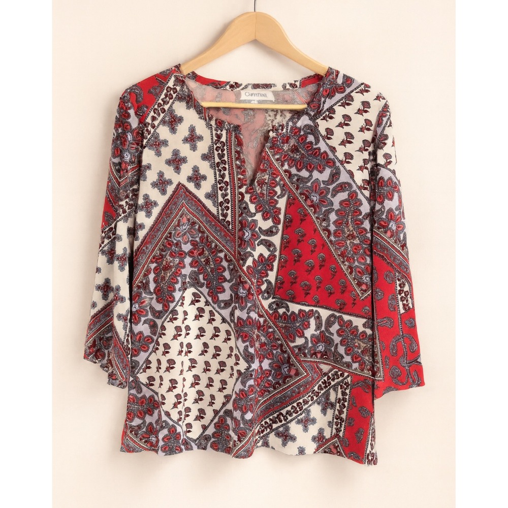 Calvin Klein Womens Red Paisley Patchwork Print‎ Floral Keyhole Top sz XL Career